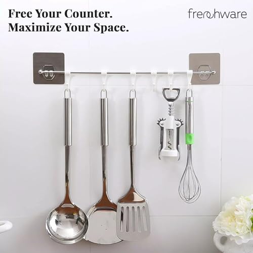 Image of Frenchware Wall Hanging Organizer Rod with 6 Hooks and 2 Adhesive Sticker | Stainless Steel Rack Without Drilling, For Cloth and Utensil Hanger