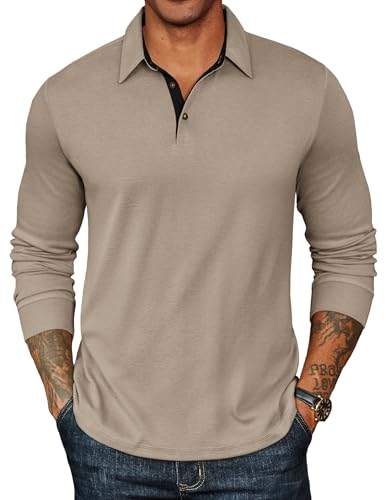 COOFANDY Mens Long Sleeve Polo Shirts Basic Casual Button T-Shirt Lightweight Pullover Shirts Khaki
