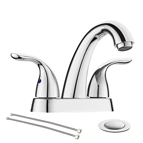 Phiestina Chrome 4 Inch 2 Handle Centerset 2 or 3 Holes Bathroom Faucet, Vanity Sink Faucet with Copper Pop Up Drain and Water Supply Lines, BF008-5-C