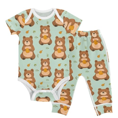 vvfelixl Unisex Short Sleeve Baby Pants Sets,Brown Bear Hold Honey Baby Bodysuits Set,Babys Layette Sets Clothes for 18-24M