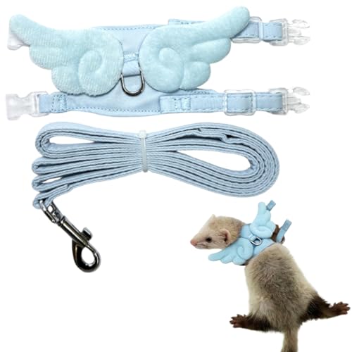Image of Ferret Harness and Leash with Adjustable Buckle for Small Pets, Soft Breathable Walking Vest with Angel Wings for Guinea Pig, Bunny, Rabbit, Kitten, Chinchilla (Blue)