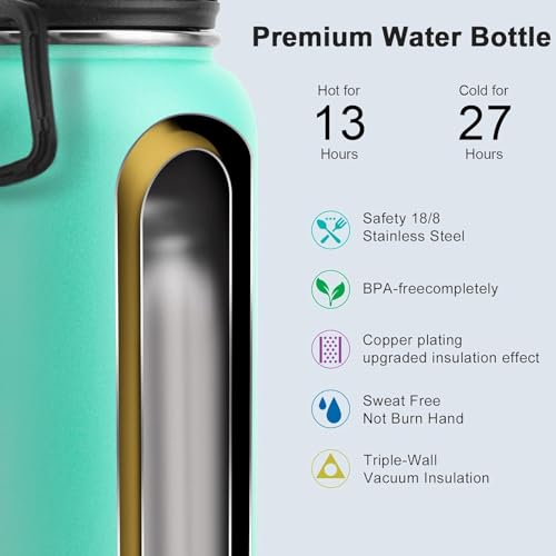 Image of koodee Insulated Water Bottle, 32 oz Stainless Steel Double Wall Vacuum Wide Mouth Sport Bottle with Leakproof Spout Lid (Teal)