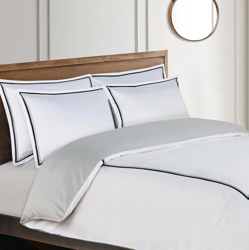 Majestic Giftware Madison Linen 4 Pcs 48" Full Size Duvet Bedding Set (BL57-48F-4pcs) Lyon - Navy/Gray 400 TC 100% Cotton Sateen |1 Fitted Sheet, 1 Duvet, 2 Pillowcases - Noble Collection