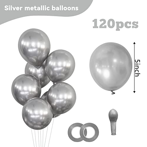 Image of 120Pcs 5 Inch Metallic Silver Balloons, Metallic Chrome Silver Latex Balloons, Mini Small Balloons for Birthday Wedding Party Decorations. (Silver)