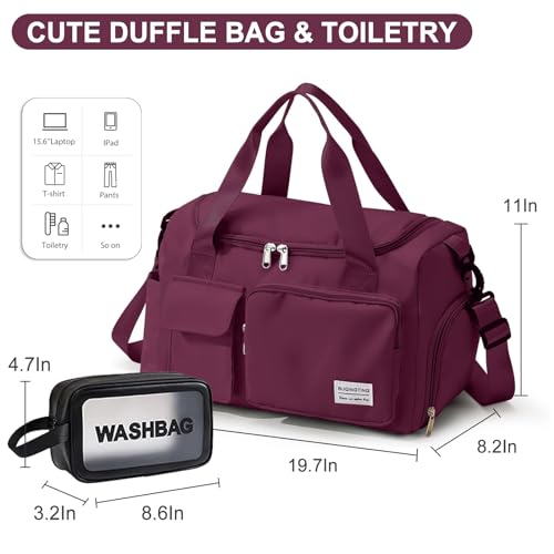 Image of BEULPTN Small Gym Bag for Women, Travel Duffel Bag Carry On Weekender Bag with Shoe Compartment, Purplish Red, Gym Bag & Toiletry Bag