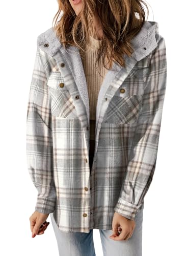 Dokotoo Womens Casual Jackets Winter Clothing for Women Thick Fleece Lined Plaid Hooded Jacket Teddy Button Up Sherpa Fluffy Long Sleeve Shacket Flannel Shirts Fall Coat Outwear with Pockets Gray M