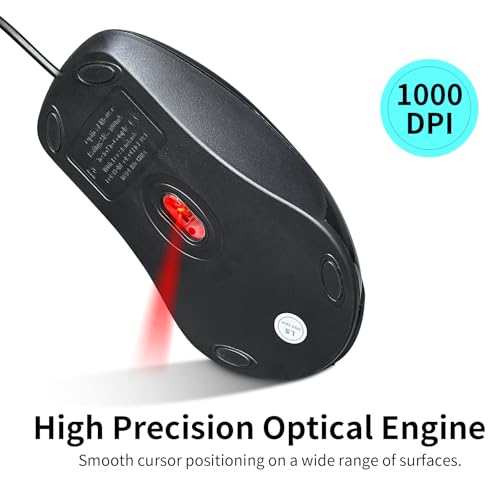 Image of Wired PS /2 Optical Mouse - 1000 DPI Resolution, 3 Buttons, 5ft Cable, Compatible with Windows 7 /8 /10 /11, Black