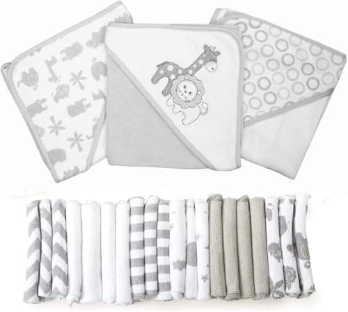 Image of Spasilk Bath Hooded Towels & Baby Washcloths Set, Baby Bath Essentials for Everyday Use, 23-Piece Gift Set, Gray Lion (Pack of 12)