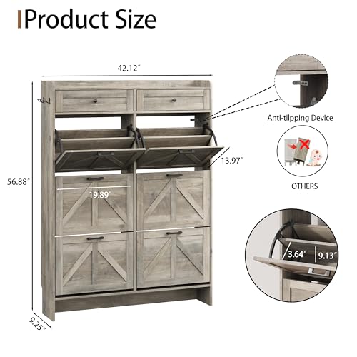 Image of Shoe Cabinet with 6 Flip Drawers & 2 Top Drawers, 57 inch Tall Freestanding Narrow Wooden Shoe Storage Organizer for Entryway, Hidden Slim Shoe Rack for Front Door Entrance, Hallway, Living Room, Grey