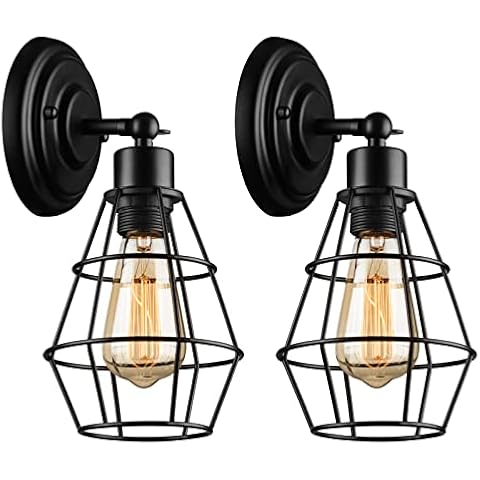 Industrial Vintage Wall Sconce E27 Adjustable Arm Black Metal Cage Wall Lamp Light Fixture for Bedroom Farmhouse Bathroom Garage Porch(2 Lights) Cover