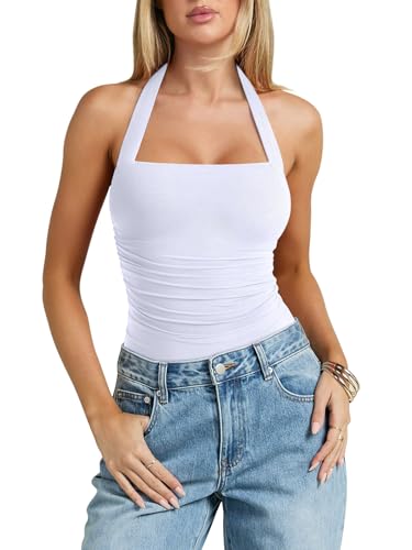 PINKMSTYLE Womens Mesh Sleeveless Bodysuit Tank Tops Halter Square Neck Thong Body Suit Double Lined Fitted Top White X-Large — view 3