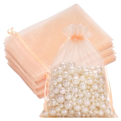 G2PLUS 25PCS Peach Organza Bags 5x7 inches - Sheer Mesh Jewelry Pouches, Organza Gift Bags with Drawstring for Candy, Jewelry, Wedding Party Favors