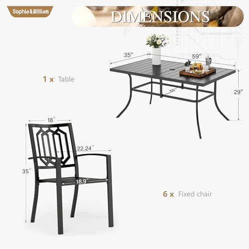 Image of Sophia & William Patio Table and Chairs Set, Outdoor Dining Set for 6, 7 Piece Metal Patio Furniture, 60 inch Black Rectangular Table(Geometry)