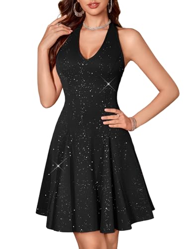 Homrain Glitzer-Strass-Sparkle-Kleid für Damen, Elegantes Homecoming-Mini-Kleid, Sexy Club-Kleid mit Halterneck, Cocktailkleid für Herbst Schwarz M