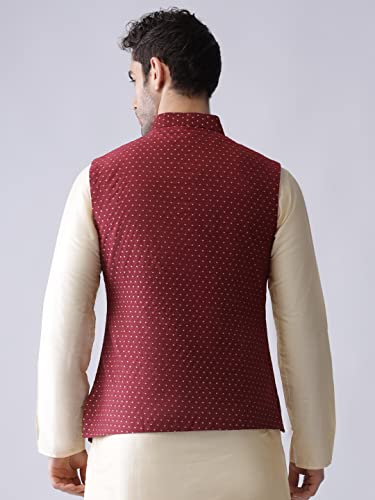 Image of KISAH Men's Cream Jacquard Silk Blend Nehru Jacket- Traditional Indian Waistcoat for Weddings & Royal Parties