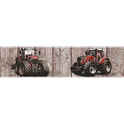 BRICOFLOR Frise papier peint imitation bois marron & tracteur rouge Frise tapisserie chambre garçon motif tracteur Frise murale chambre enfant