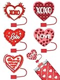 5 Pcs Valentine's Day Straw Toppers Straw Cover for Cup 30-40 oz, PLULON 10 mm Silicone Straw Toppers Sweet Heart Reusable Straw Tip Covers Dust-Proof Straw Protector Accessories for Valentines