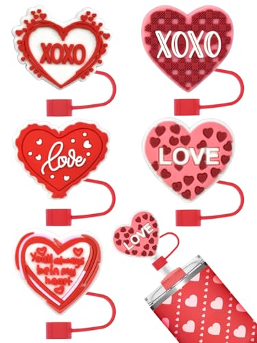 5 Pcs Valentine's Day Straw Toppers Straw Cover for Cup 30-40 oz, PLULON 10 mm Silicone Straw Toppers Sweet Heart Reusable Straw Tip Covers Dust-Proof Straw Protector Accessories for Valentines