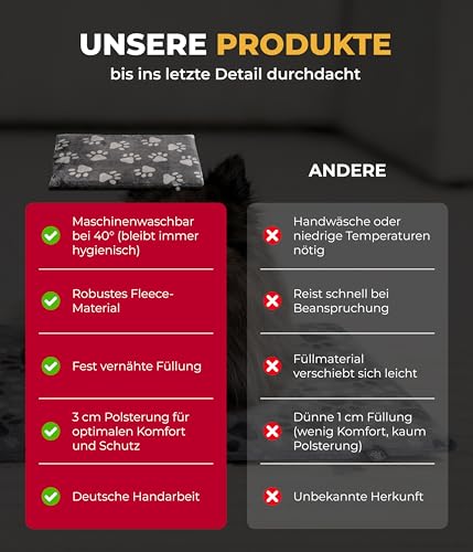 HS-Hundebett® Hundedecke S (55x75 cm) – rutschfest & gemütlich Dank 3 cm Füllung – Perfekt fürs Sofa, Auto & Hundebox – Pfote Anthrazit, Made in DE