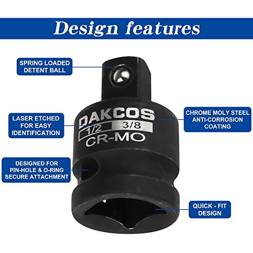 DAKCOS 6 PCS Impact Socket Adapter Set - 1/2" to 3/8", 1/4" to 3/8", 3/4" to 1/2" Convertor Adapter Set Fits Impact Driver, CR-MO - Image 3