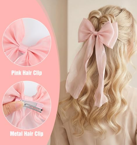 2 pinzas de lazo rosa claro para cabello con cinta larga miniatura 5