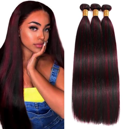 Highlight Burgundy Bundles 28 30 32 Inch Straight Bundles Human Hair Black Mixed Wine Red Bundles Ombre Unprocessed Virgin 3 Bundles Human Hair Extensions 150G Total for Women