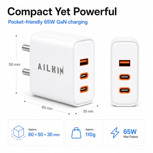 Image of Ailkin 65W GaN Charger | Triple Port High-Speed PD 3.0 & PPS Fast Charging Adapter, 2 x Type C PD Port,1 x USB-A Port | Compatible with iPhone 17 /16 /15, Laptops, Smartphones, Tablets, MacBooks, iPads