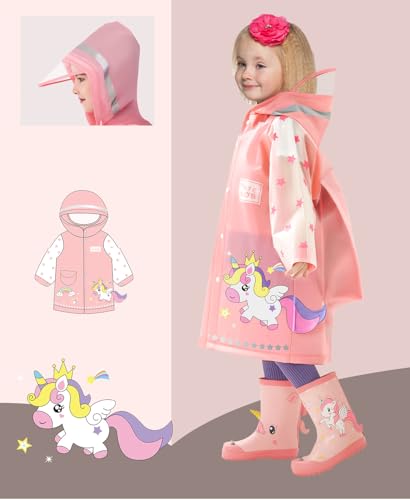 Kids Unicorn and Mermaid Folding Umbrella and Raincoat Set for Boys and Girls Ages 3-112
