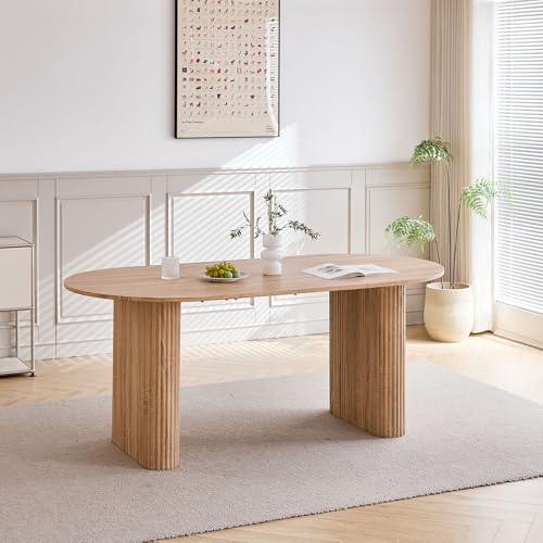 BenyLed Mesa de Comedor Ovalada Grande de 180 x 90 cm, Mesa de Cocina Rústica con Tablero de MDF (Acabado de veta de Madera) y Patas Elípticas para Hogar, Restaurante y Oficina (Natural)