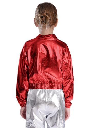 Kids Girls Dance Jacket Coat Metallic Long Sleeve Flip Collar Zipper Blazer with Flap Pockets Hip Hop Dancewear2