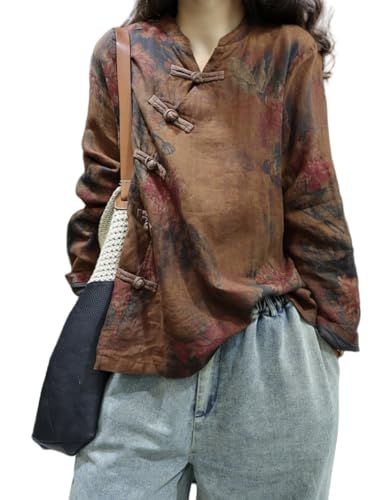 Women's Retro Linen Oversized Blouses Chinese Loose fit Floral Pattern Jackets Traditional Frog Button Stand Collar Shirts