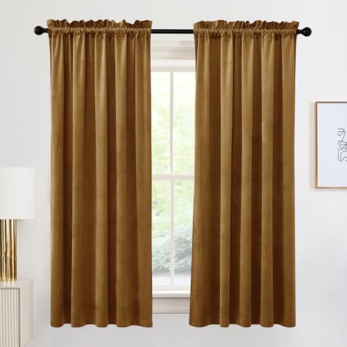 Image of RYB HOME Super Luxury Velvet Curtains with Rod Pocket Design, Privacy Thermal Insulated Window Drapes Room Darkening Shades for Dorm Basement Bedroom, Golden Brown, W52 x L72 inch, 2 Panels Set | Privacy, Thermal Insulated, Room Darkening Shades, for Office & Nursery, Golden Brown, W52 x L72, 2 Panels