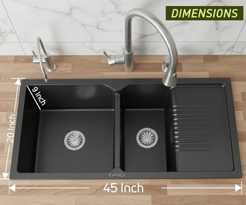Image of EVANEX Quartz Sink for Kitchen|45x20x9 inch Double Bowl Kitchen Sink with Drain Board|Matt Finish|Black Quartz Kitchen Sink with Sink Connector, Waste Pipe, Coupling and Drain Basket