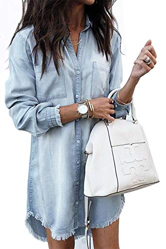 Uinolo Women's Loose Denim Blouse Mini Dress Button Down Lapel Long Sleeve T-Shirt Dress Tops with Pockets Light Blue XL