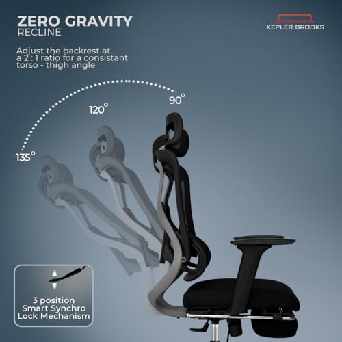 Image of Kepler Brooks Vogue Pro Premium Office Chair for Work | 3-Yr Warranty | Ergonomic Office Chair, Study Chair, 2D Headrest, 3D Arms, Multi Lock Seat Slider with Legrest, Heavy Duty Metal Base (Black)