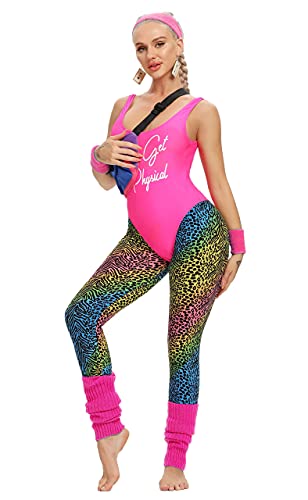 Miaiulia Womens 80S Workout Costume Outfit 80S Accessories Set Leotard Legging Earring Leg Warmers Headband Wristbands Let's Get Physical Pink S #TOP3