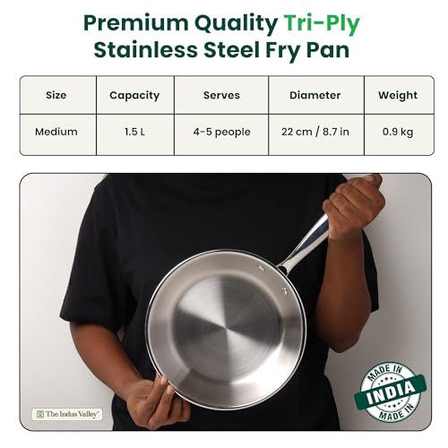 Image of The Indus Valley Triply Stainless Steel Fry Pan with Free Wooden Spatula | Small, 22cm /8.7 inch, 1.5Ltr, 0.9kg | Induction friendly | Nonstick 3-Layer Body, 100% Pure & Toxin-free, No Chemical Coating