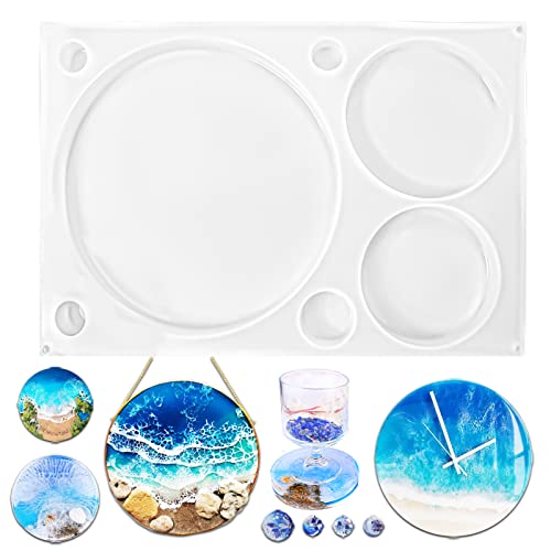 Circle Mold Epoxy Resin Cement, DIY Coaster Pop Socket Jewelry, 7-Cavity Round Disc 9inch 5inch 4inch 1.5inch 1inch