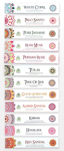 Image of Sticks Collection(12 Combo Fragrance Variety Pack) | Tulsi, Copal, Tree of Life, Palo Santo, Good Fortune, Rose, Karma, Jasmine, Amber Sandal, Himalaya, Sandalwood, Rose Musk