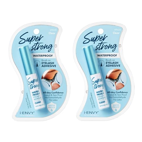 i-ENVY Super Strong Waterproof Clear Eyelash Adhesive, Long Lasting Sweat & Tear Proof Lash Glue for Eyelash Extensions, All Day Hold Durable Brush-On (Waterproof, 2 Pack (2 Count))