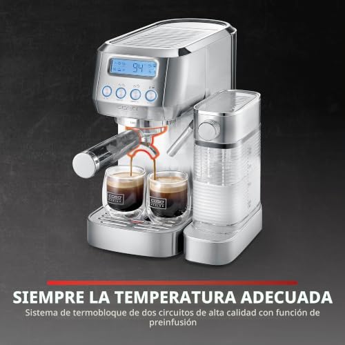Miniatura 7 de Caso Espresso Gourmet Latte Prueba De Buena Calidad, Máquina Portafiltros Con Recipiente De Leche Integrado, Bomba Ulka De 20 Bar, Placa De Calor Para Tazas, 1 O 2 Tazas, Plata, Acero Inoxidable