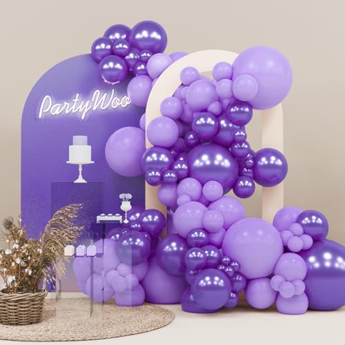 Image of PartyWoo Purple Balloons, 140 pcs Lilac and Metallic Purple Balloons Different Sizes Pack of 18 Inch 12 Inch 10 Inch 5 Inch for Balloon Garland Balloon Arch as Birthday Decorations, Party Decorations