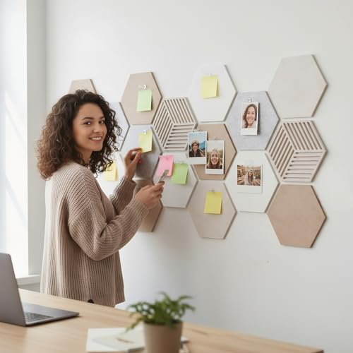 Acidea 12Pcs Hexagon Cork Boards for Walls, Self Adhesive DIY Bulletin Board Felt Cork Board Tiles with 50 Push Pins, Pin Boards for Office School Home Wall Decor Stickers Memos Ph image 1