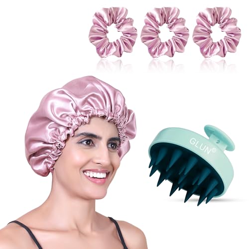 Image of GLUN Anti-Dandruff Round Turquoise Scalp Massager with Elastic Closing Pink Hair Bonnet Cap with 3 Satin Scrunchies Combo, Treatment Accessories for Hairs, Ideal for Curly & Natural Hair