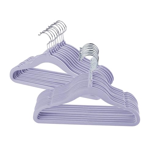 Kleiderbügel Kinder 20 Stück Baby Bügel, Kleiderbügel Platzsparend, Samtbügel rutschfeste, Kinderkleiderbügel mit 360° Drehbaren Haken, Schöne Samtbügel für Kinder Lila