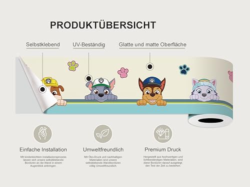 AG Design Selbstklebende Bordüre Paw Patrol Sei Glücklich, AWBD 8008 | Wasserfest Kinderzimmer Wand Dekoration | Wandbordüre für Mädchen und Junge | Folie, Mehrfarbig | Breite 500 cm x Höhe 13.8 cm