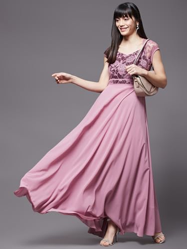 Image of Miss Chase Women's V-Neck Full Sleeve Self Design Lace-Overlaid Georgette Maxi Dress
