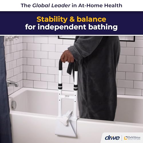 Image of Drive Medical Adjustable Bathtub Grab Bar and Bathtub Safety Rail, Steel | Easy Clamp-On Steel Grab Bar with Adjustable 14 to 17 Inch Height and Scratch Proof Non-Slip Pads for Safety