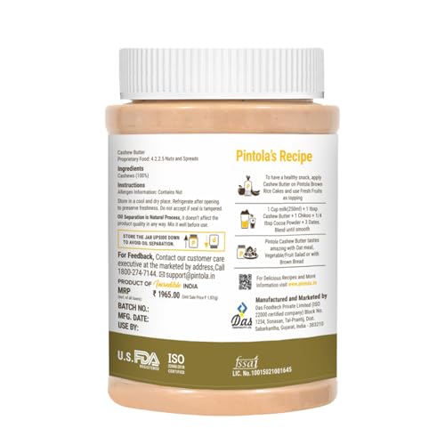 Image of Pintola Cashew Butter 1kg - All Natural Cashew Butter, Gluten Free & Cholesterol Free,Unsweetened for Bread Spreads, Made with Fresh Cashews, Source of Fiber & Protein (Pack of 2)