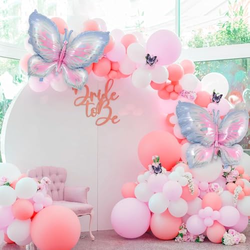 Image of AMFIN (Pack of 2) Large Butterfly Foil Balloons 34 Inch Gradient Birthday Party Decorations | Helium & Air Compatible - Blue Pink